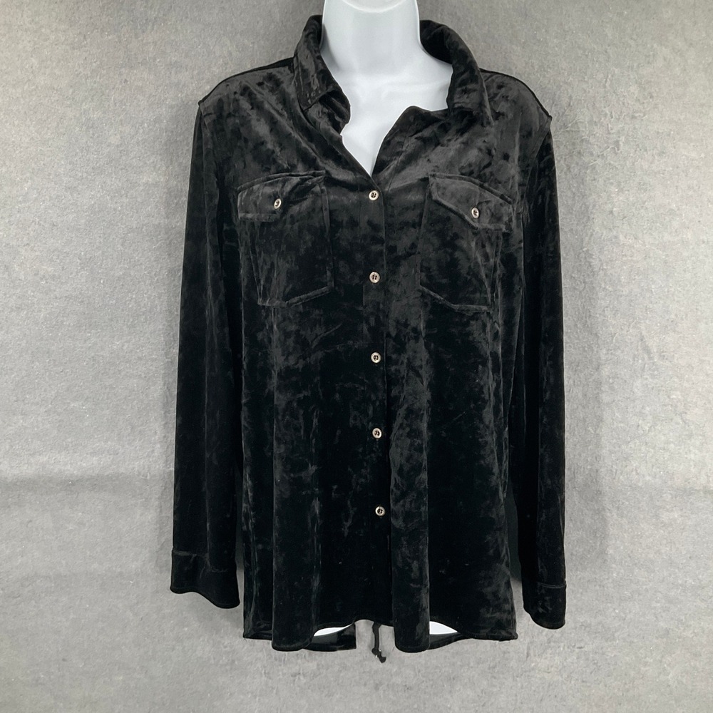 Billy T Top Black Velvet Crushed Button Up Lace Up Back Sz M Whimsigoth Grunge